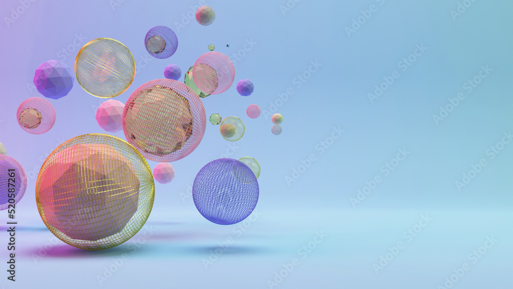 Poster 3d render of wireframe balls or sphere elements decorated on gradient blue and violet background.