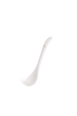 Close-up shot of a white ceramic spoon for products. The white ceramic mini spoon is isolated on a white background. Front view.