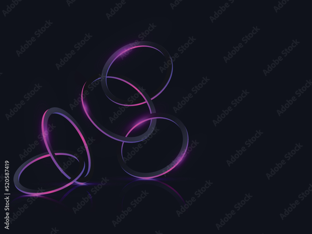 Poster 3d neon lighting circular frames with reflection on dark colour background.