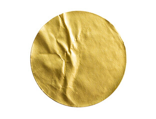 Blank golden round adhesive paper metallic sticker label isolated on white background