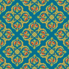 Traditional and Colorful Floral Artwork On Teal Color Background, Seamless Pattern.