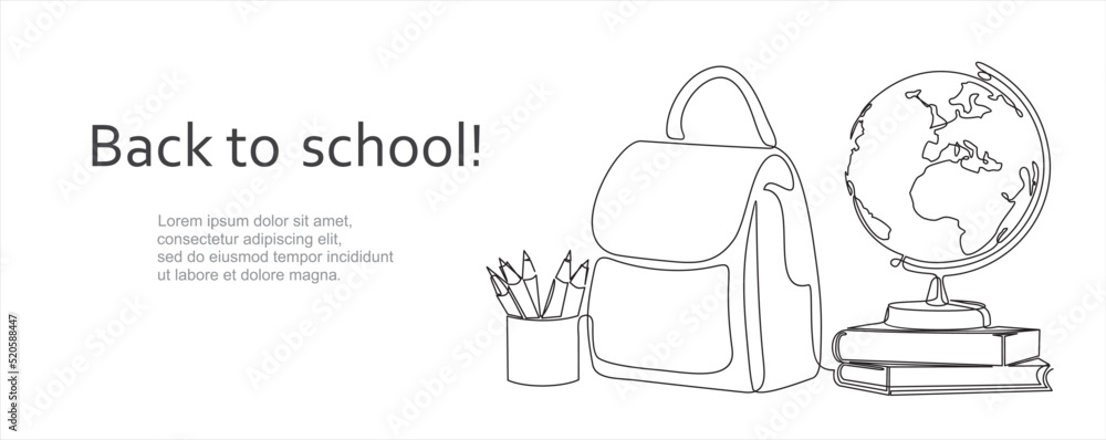 Poster back to school. one continuous line drawing of globe, books stack, alarm clock and pencils. study sp
