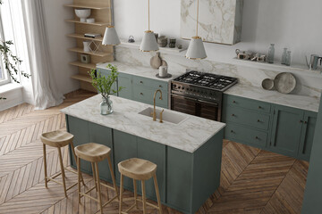 Modern interior of kitchen with living room. 3d render	