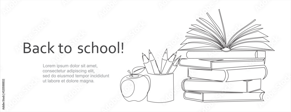 Poster back to school. one continuous line drawing of books stack, apple and pencils. study space desk conc