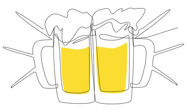 Two clinking glasses with beer in one line on a white background. The concept of a friendly feast and toast. Weekend beer evening stock vector illustration.