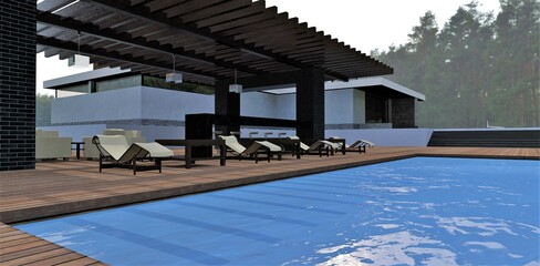 Fototapeta na wymiar Blue water in the swimming pool of a luxury home. Cozy patio with bar. Green forest in the background. 3d render.