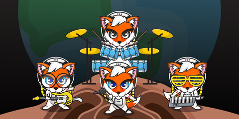 Cute cartoon character of a group of fox astronauts on a band on the moon