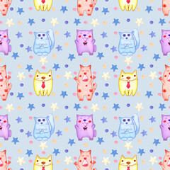 Handdrawn watercolor seamless pattern with cats for children's textile. Scrapbook design, typography poster, label, banner, post card.