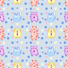 Handdrawn watercolor seamless pattern with cats for children's textile. Scrapbook design, typography poster, label, banner, post card.