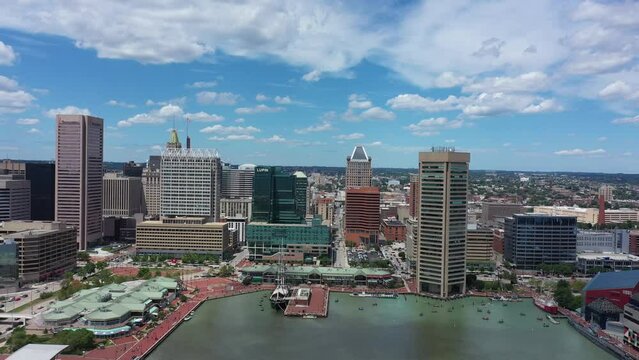 Aerial panoramic view of Baltimore City, Maryland, MD Inner Harbor with buildings, fells point, little italy.