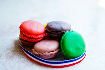 Macaroons with ribbon in the color of the French flag