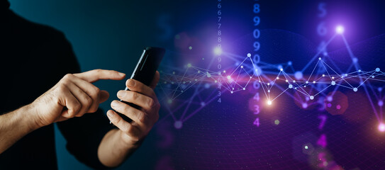 Big data technology background. Using a smartphone against the background of visualization of a computer internet network, social connection, analytics, information.