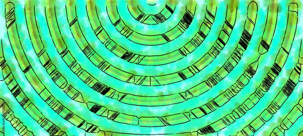 Poster digital painterly render of intricate colorful geometric patterns in watercolor and ink style