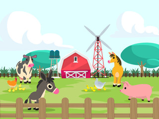 Cute animals in ranch, Farm and agriculture. illustrations of village life and objects Design for banner, layout, annual report, web, flyer, brochure, ad. © varattaya