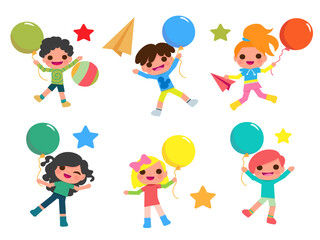 Happy children and colorful balloons. Kids party happy boy and girl with balloons illustration.