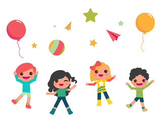 Happy children and colorful balloons. Kids party happy boy and girl with balloons illustration.