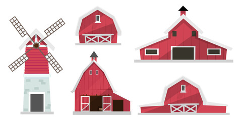 Set of farm elements. Agriculture isolated illustrations. Barn buildings, wind turbines. © varattaya