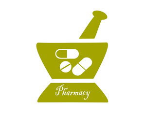 Vector design of mortar and pestle pharmacy olive green color against a white background. With capsules, tablet and pharmacy word sign.