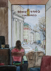 Cafe in Saint Petersburg, street view, watercolor illustration