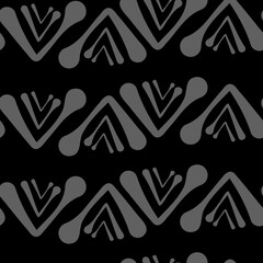 Vector.  Abstract monochrome ethnic seamless pattern. Artistic background hand drawn simple shapes of angle brackets, checkmarks. Mosaic abstract background. Repeating geometric texture. Dividers.
