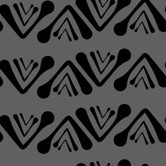 Vector.  Abstract monochrome ethnic seamless pattern. Artistic background hand drawn simple shapes of angle brackets, checkmarks. Mosaic abstract background. Repeating geometric texture. Dividers.