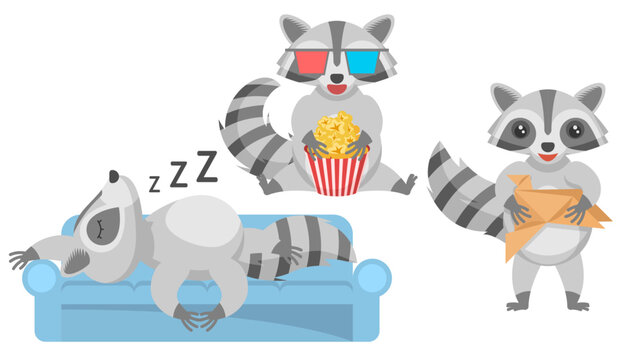 Set Abstract Collection Flat Cartoon Different Animal Raccoons Watching A Movie With Popcorn, Sleeping On The Sofa, Makes Origami Vector Design Style Elements Fauna Wildlife