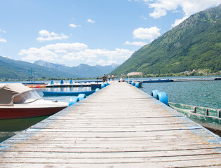 Fototapeta na wymiar View from the dock on Plav lake in Montenegro.