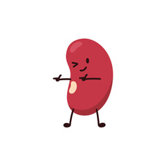 Cute kidney bean with funny face pointing index fingers, flat vector illustration isolated on white background.