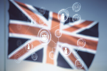 Abstract virtual social network concept on flag of Great Britain and sunset sky background. Multiexposure