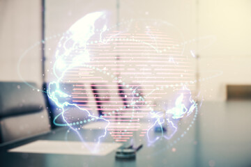 Double exposure of abstract digital world map hologram with connections on a modern boardroom background, big data and blockchain concept