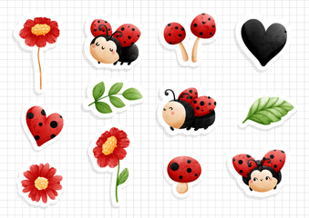 Watercolor ladybug collection, ladybug sticker sheet. Vector illustration © ChonnieArtwork 
