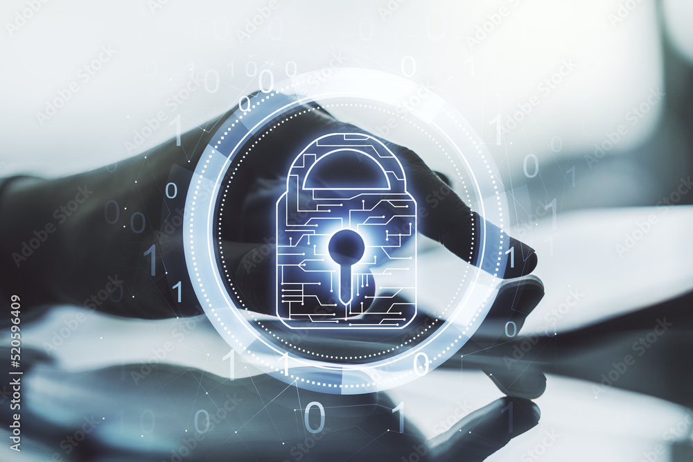Aufkleber creative lock sketch with chip hologram and hand working with a digital tablet on background, protec