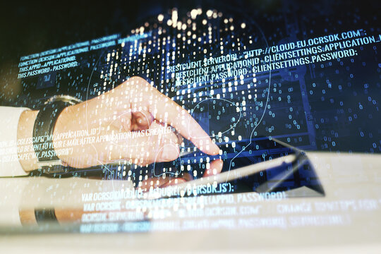 Creative concept of code skull illustration and finger clicks on a digital tablet on background. Hacking and phishing concept. Multiexposure - Powered by Adobe