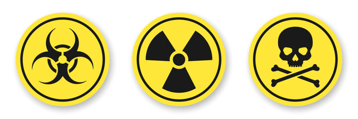 Fototapeta premium Biohazard, radiation and poison flat icons collection. Black vector warning glyphs on yellow background. Best for print, package, mobile apps, UI and web design.