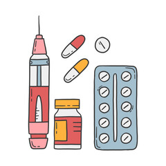 Syringe injector pen, medical drugs and pills vector illustration in doodle cartoon style