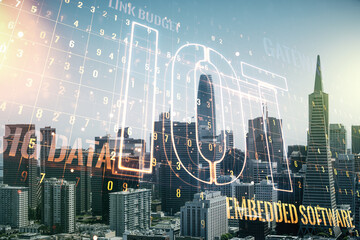 Abstract virtual IOT hologram on San Francisco skyline background. Multiexposure