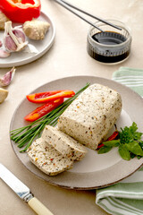 Soy cheese tofu sliced, vegetarian alternative, healthy food. Vegan meat.