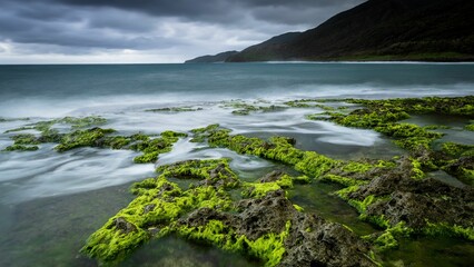 Beautiful shot of a rocky coastline covered in moss in the stormy weather