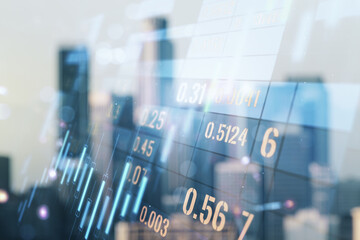 Multi exposure of virtual creative financial chart hologram on blurry cityscape background, research and analytics concept
