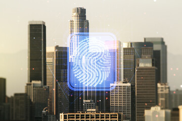 Abstract virtual fingerprint hologram on Los Angeles skyline background. Multiexposure