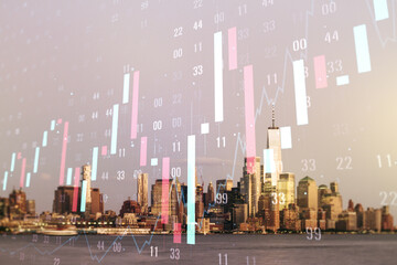 Multi exposure of virtual abstract financial diagram on Manhattan office buildings background, banking and accounting concept