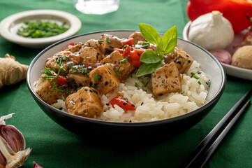 Tofu with white rice, stir fry tofy meat in bowl. Healthy vegan lifestyle food