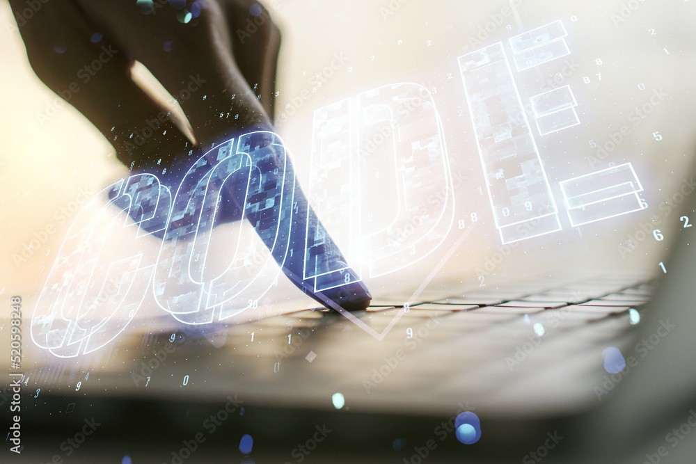 Poster creative code word hologram and hands typing on computer keyboard on background, artificial intellig
