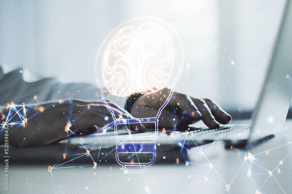 Poster creative light bulb with human brain hologram and with hands typing on computer keyboard on backgrou