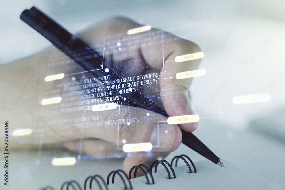 Poster double exposure of abstract creative programming illustration and man hand writing in notepad on bac