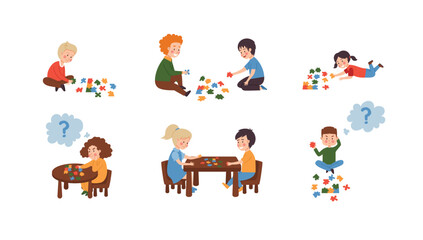 Set of vector colored flat illustrations of children who solve puzzle. Characters are children with different emotions together and single isolated on white background.