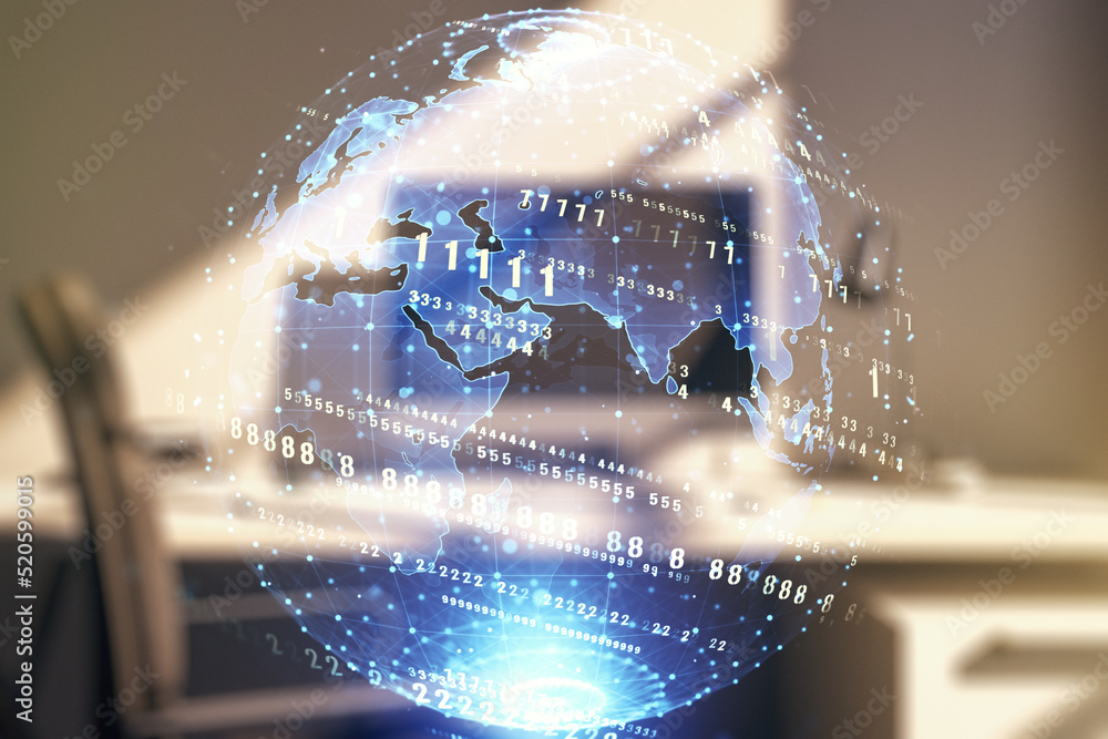 Poster double exposure of abstract programming language with world map and modern desktop with laptop on ba