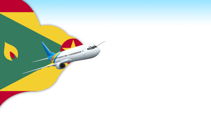 3d illustration plane with Grenada flag background for business and travel design - obrazy, fototapety, plakaty