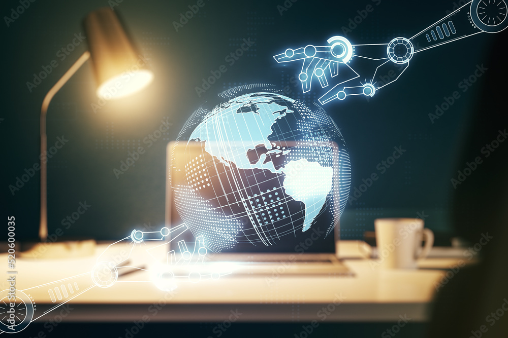 Aufkleber creative abstract robotics technology sketch with globe on modern laptop background, future technolo