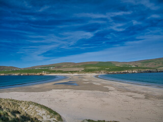 The sand spit, or tombolo, that joins St Ninian's Isle to Mainland Shetland - taken from the island...